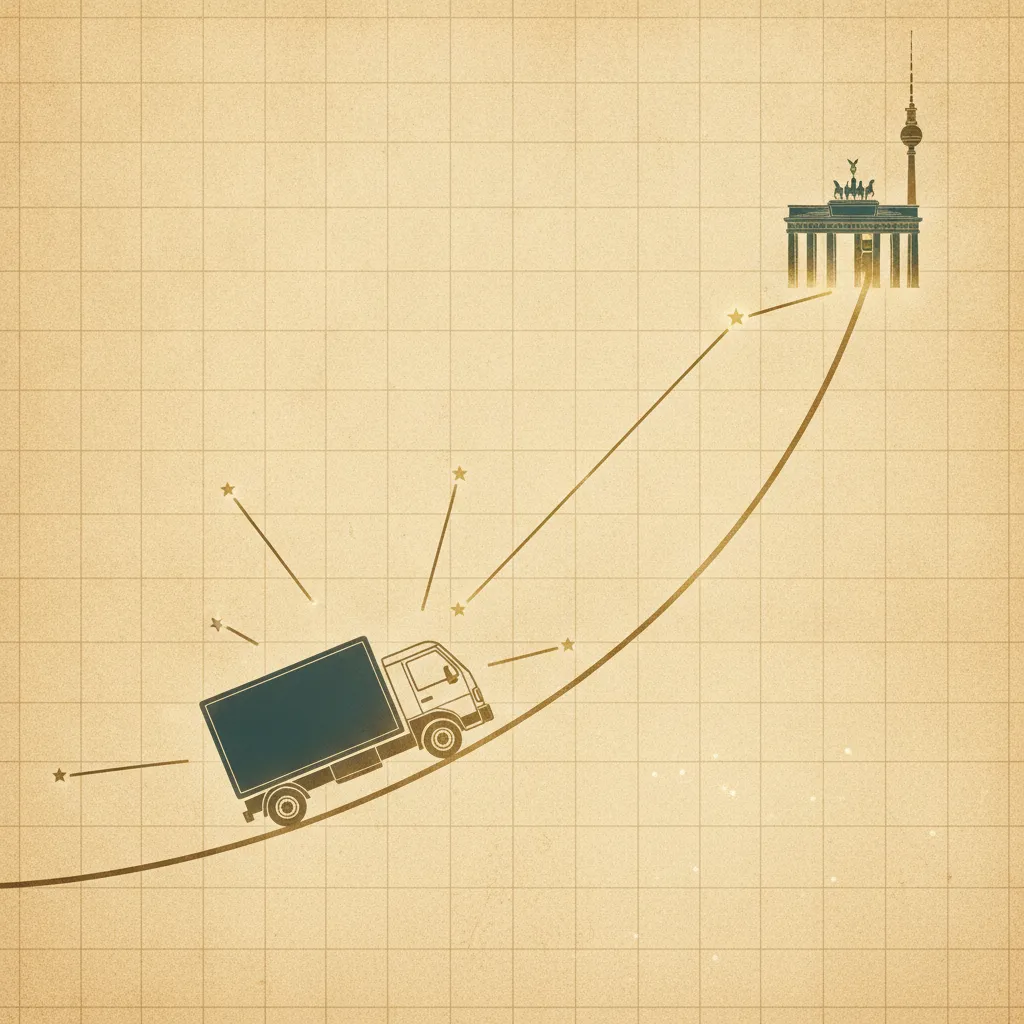 Illustration im Himmelsatlas-Stil: Umzugstransporter auf der Route Bochum – Berlin