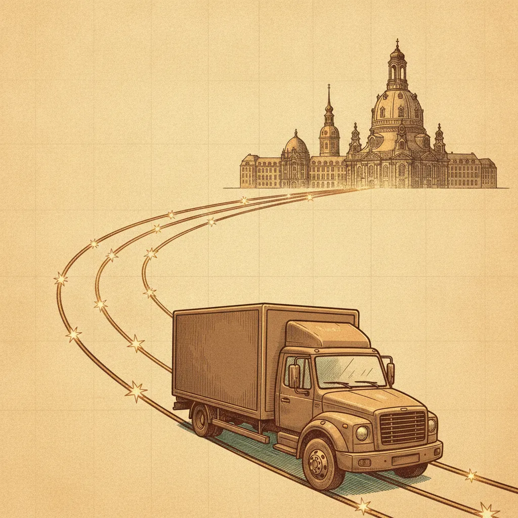 Illustration im Himmelsatlas-Stil: Umzugstransporter auf der Route Bochum – Dresden