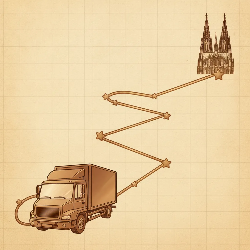 Illustration im Himmelsatlas-Stil: Umzugstransporter auf der Route Bochum – Köln