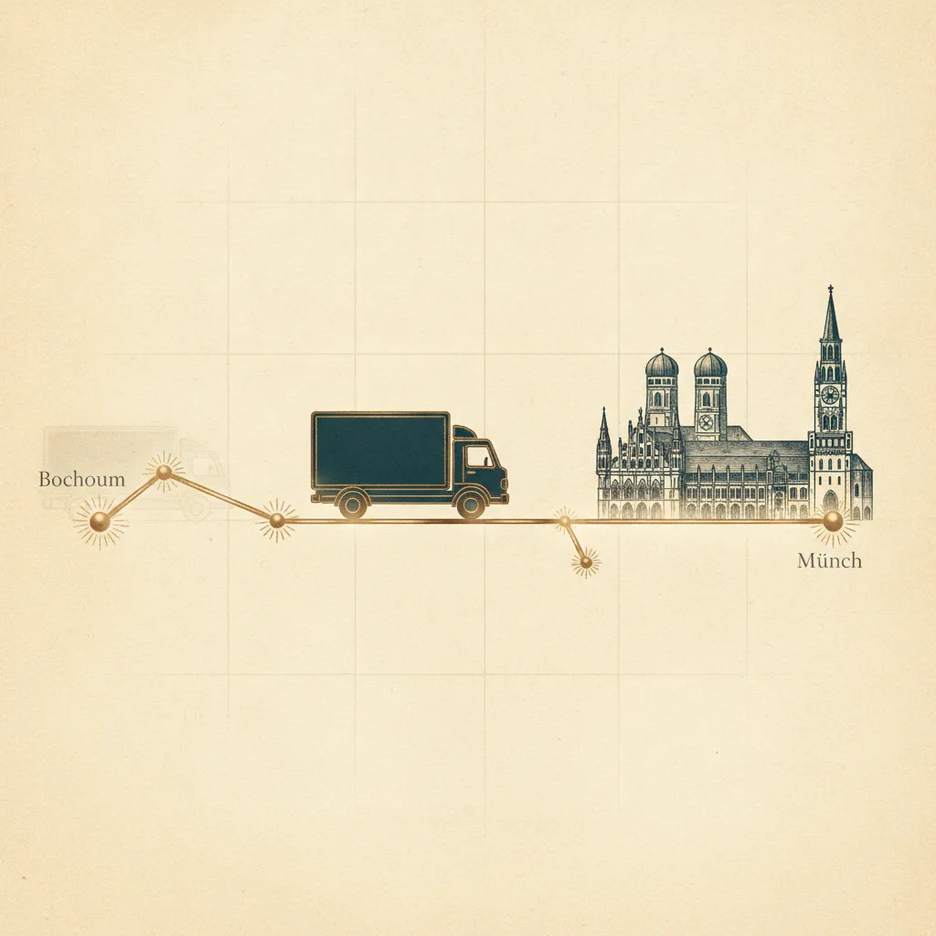 Illustration im Himmelsatlas-Stil: Umzugstransporter auf der Route Bochum – München